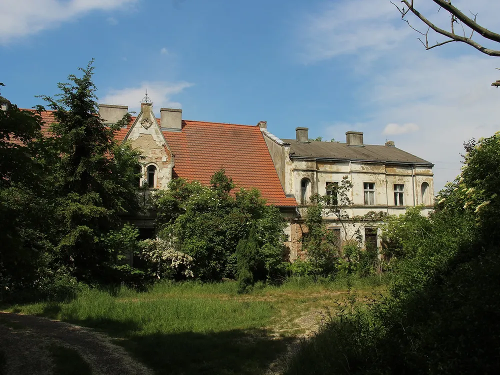 Dwór w Polwicy — Polwica. Zabytkowy, mocno zarośnięty dwór przy trasie.