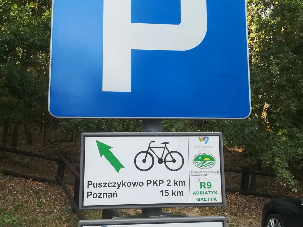 Znak szlaku rowerowego R9 — Puszczykówko. Kierunkowskaz, który mijacie na starcie.