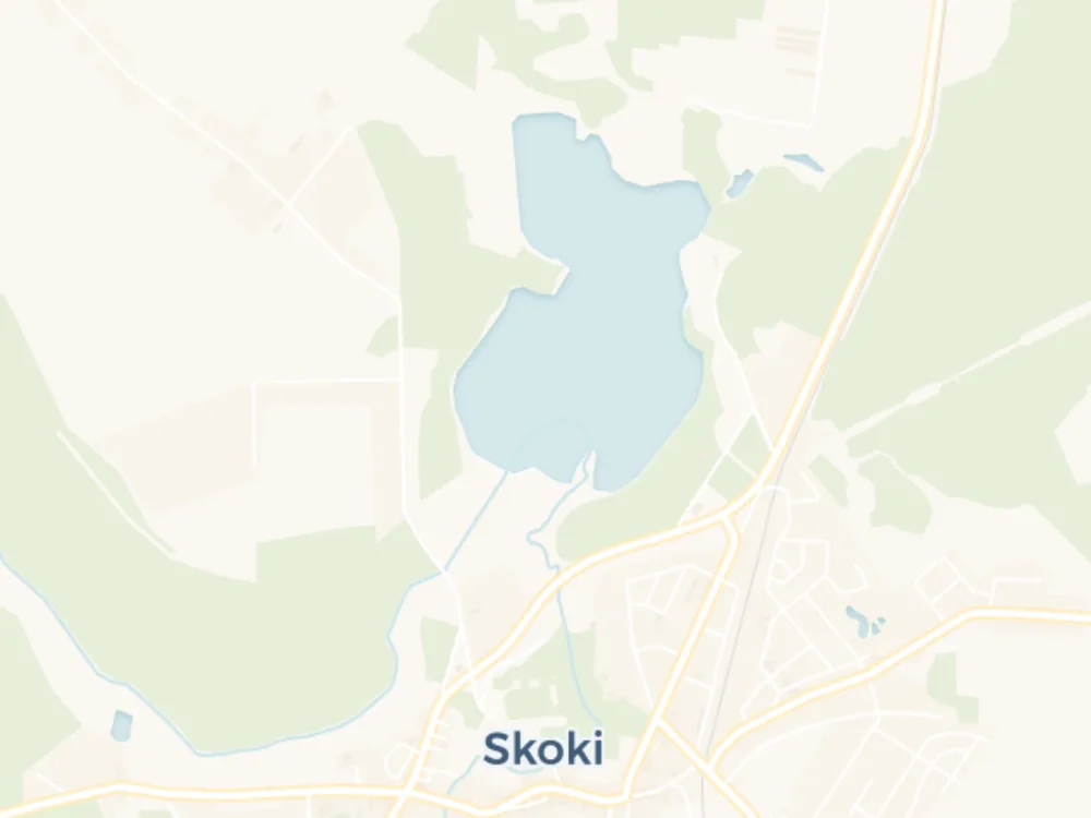 Skoki i jezioro — Skoki. Zdjęć tej okolicy nie ma w wolnych zasobach — pokazujemy mapę z jeziorem, obok którego przejeżdżacie.